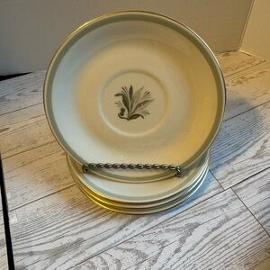 Cream Bread and Butter Plate with Green Botanical Accent and Gold Rim set of 4